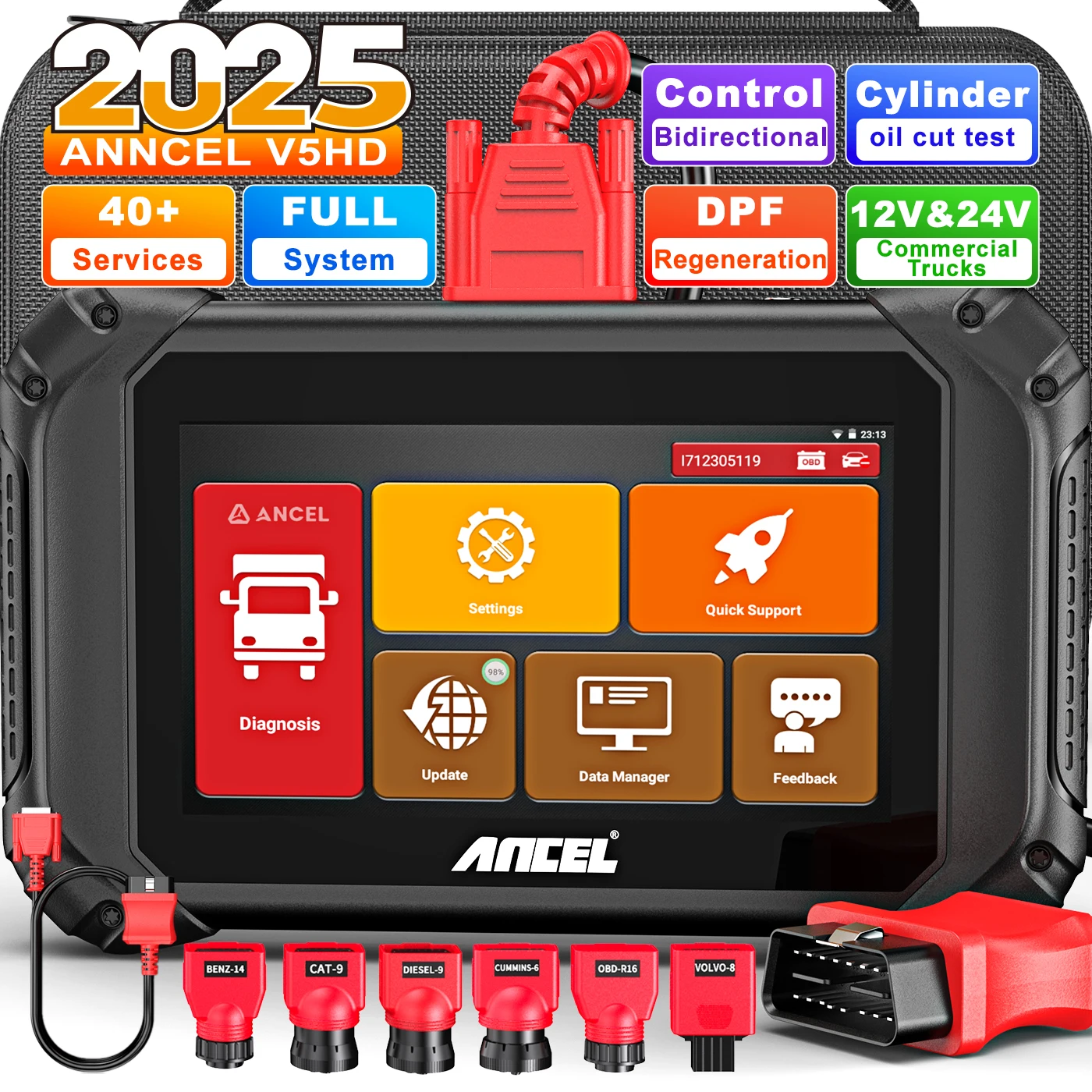 

ANCEL V5 HD Commercial Vehicle Heavy Duty Truck Diagnostic Tools All System ECU Coding BI-Directional OBD2 Truck Scanner