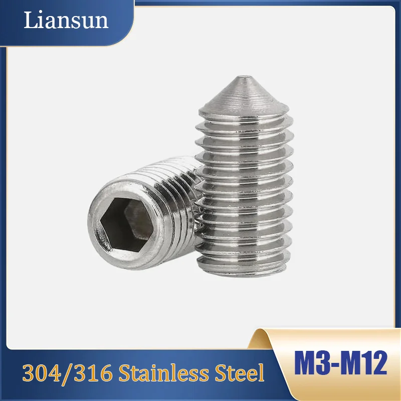 

2-50pcs Hex Hexagon socket Allen Head Tapered Cone Point Grub Set Screw M3 M4 M5 M6 M8 M10 M12 304/316 Stainless Steel 3-55mm