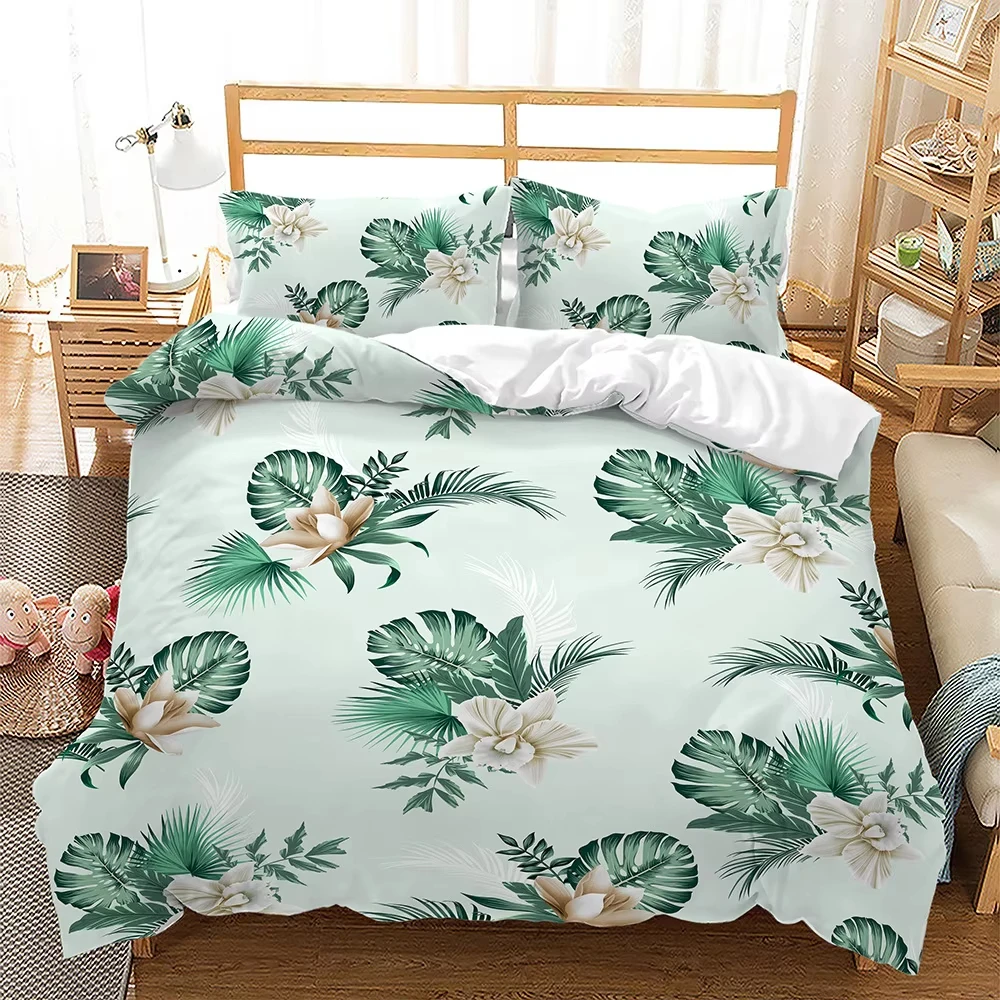 Tropical Palm Leaves Duvet Cover Full King Size Hawaiian Plant Leaf Comforter Cover Jungle Botanical Monstera Leaves Bedding Set