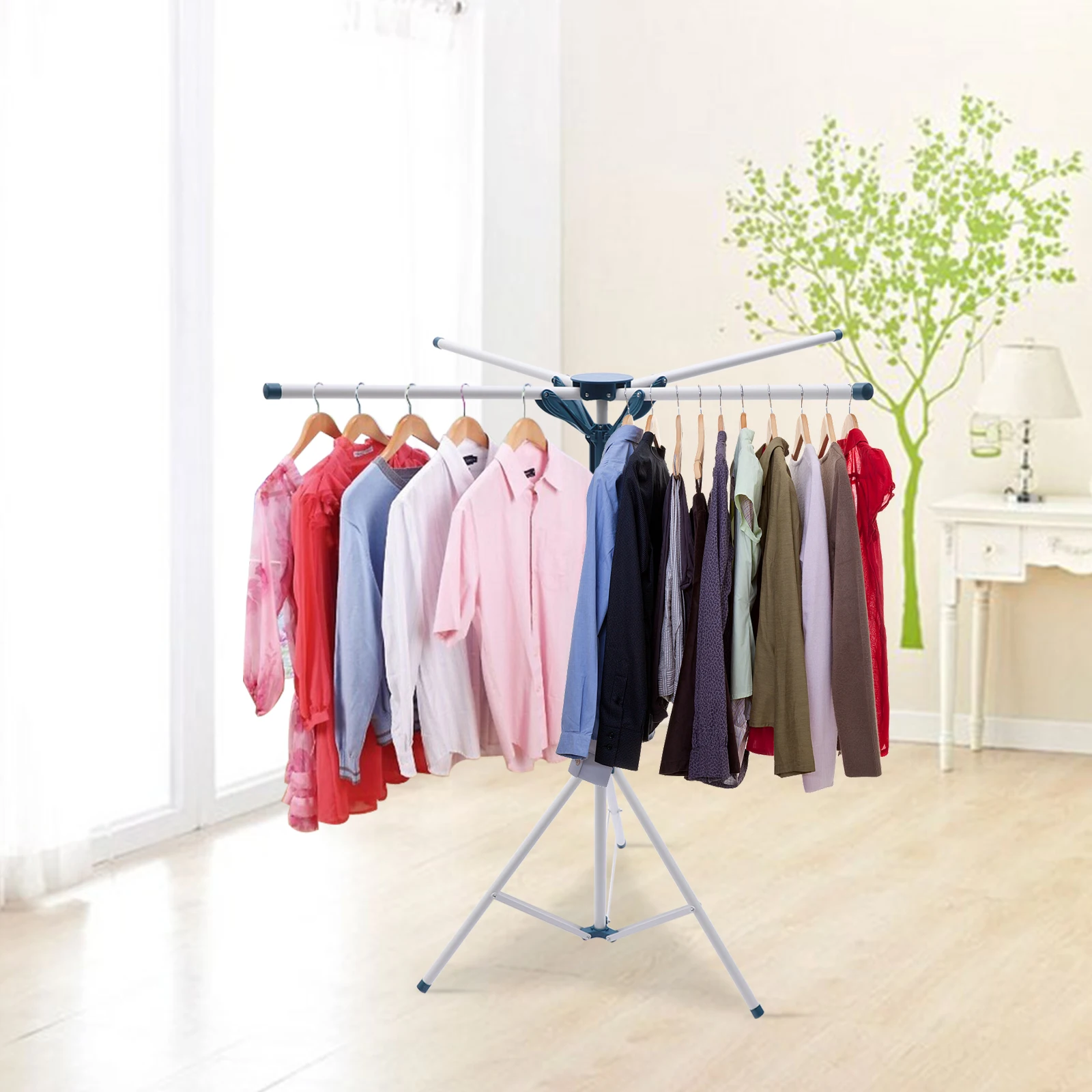 LOYALHEARTDY Portable Stainless Steel Drying Rack Laundry Coat Hanger Rails Metal Garment Rack Tripod Stand Foldable Shelf