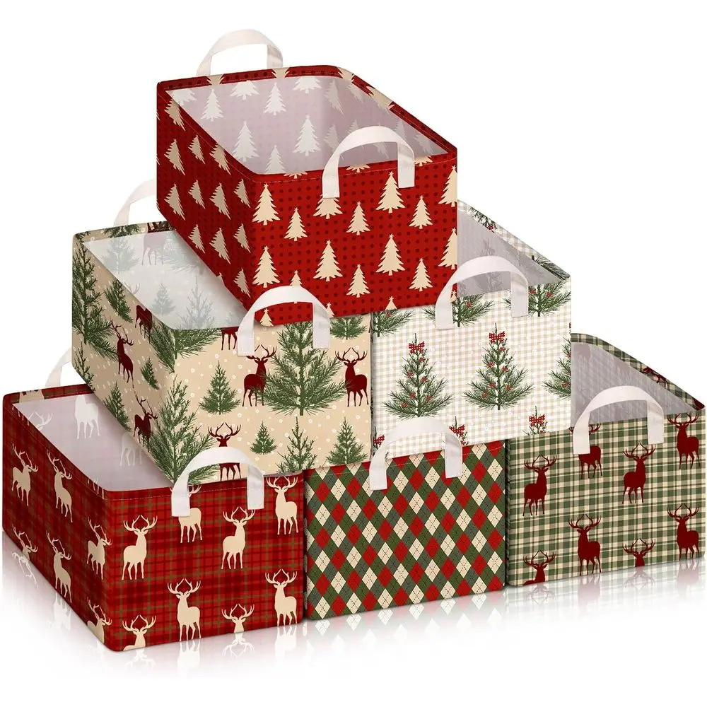 

Collapsible 6-Pack Christmas Gift Baskets - Large Canvas Storage Bins with Handles for Home, Office, and Laundry