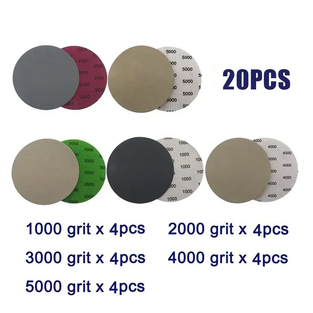 20pcs/Set Round Sanding Disc Sandpaper 5 Inch 125mm Hook & Loop Sand Paper Abrasive Tools 1000 2000 3000 4000 5000 Grit