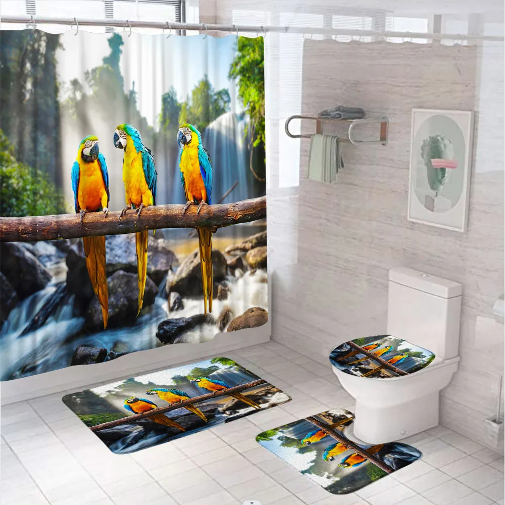 

Tropical Bird Parrot Shower Curtain Sets With Rug Toilet Cover Bath Mat Forest Waterfall Animal Branch Fabric Bathroom Curtains