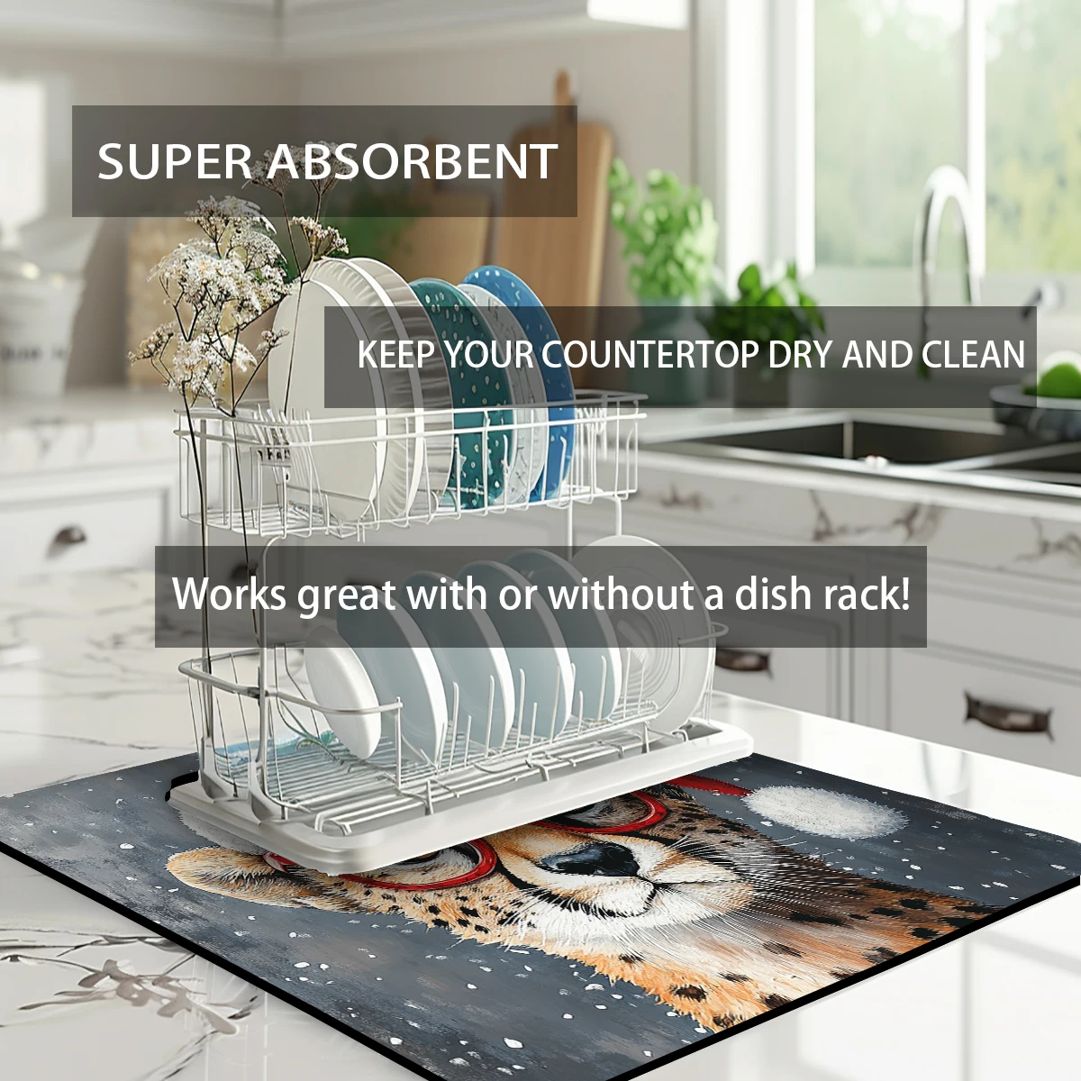 Kitchen Absorbent Drying Mat Leopard Glasses Santa Hat Kitchen Table Decoration & Accessories Color Pattern Tables Mats