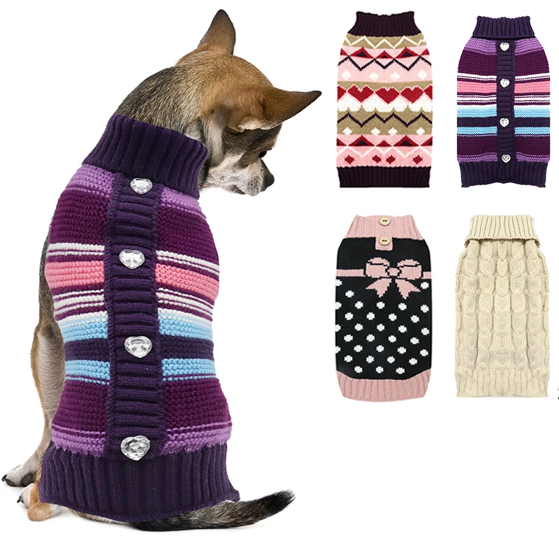 Ropa de invierno para perros, suéter tejido con lazo para perros pequeños y niñas, cuello alto, Chihuahua, Yorkies, abrigo cálido, chaqueta para cachorros, disfraz para mascotas