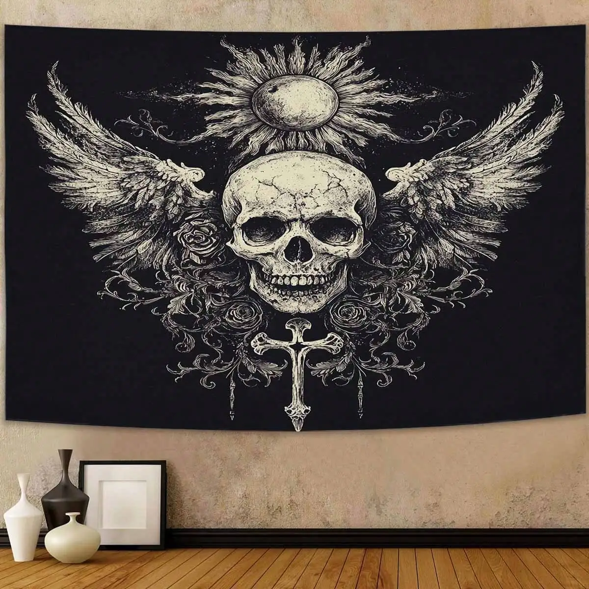 1pc Gothic Skull Tapestry With Wings & Sun Motif - Peach Light Beige Suitable for Living Room Background, Bedroom Wall Decor