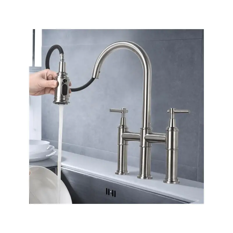 

Pull Down Double Handle Kitchen Faucet with Sprayer, Brushed Nickel Finish, Easy Installation, Stylish Design for Modern