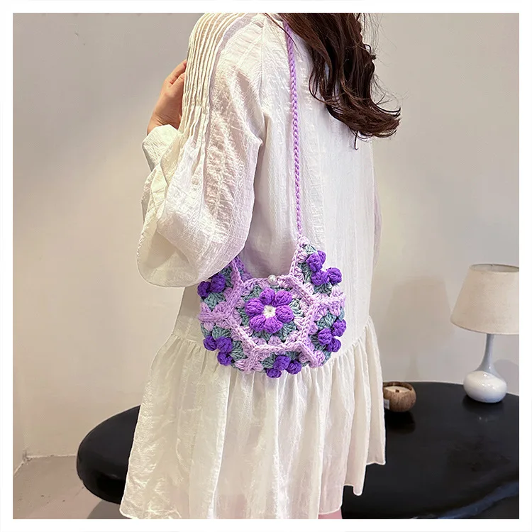 Sweet Handmade Crochet Crossbody Bag Flower Pattern Fabric Yarn Shoulder Bag Knitted Armpit Bag