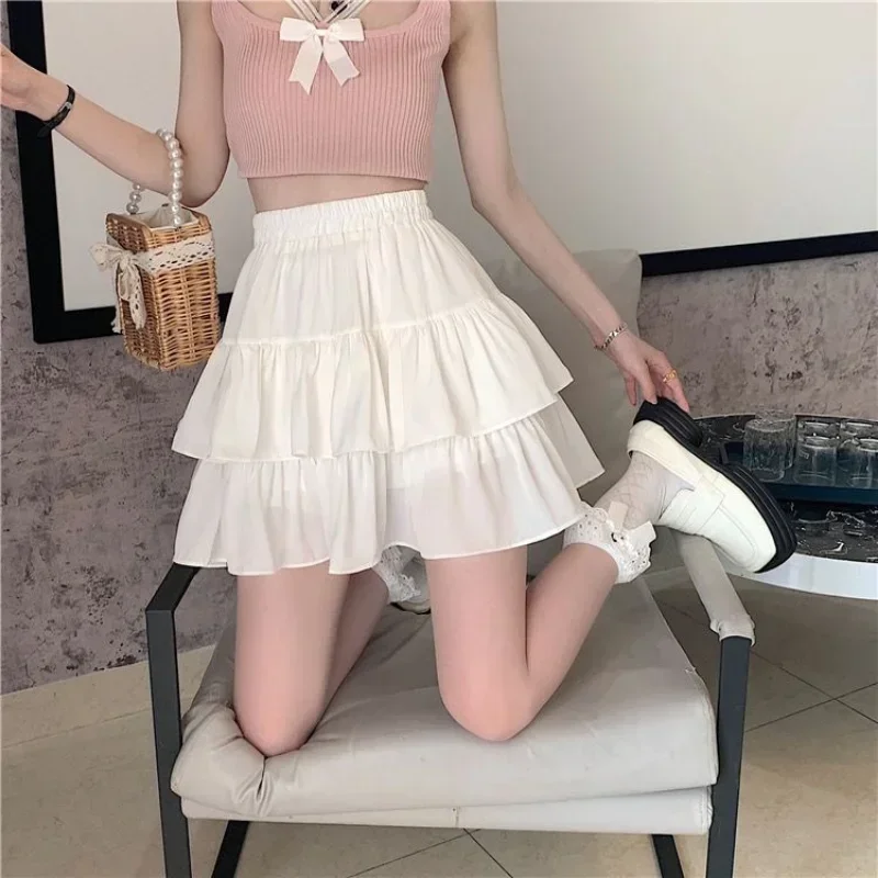 Sweet Cake A-line Skirt Black Women Cute Pleated Puffy Skirt Elastic Waist Preppy Style Solid Color Casual Korean Fashion Casual