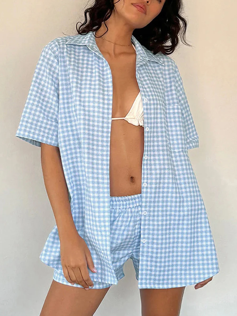 

Women Lounge Outfits Lapel Neck Short Sleeve Button Down Tops + Elastic Waist Shorts Plaid 2 Piece Pajama Set Summer Loungewear