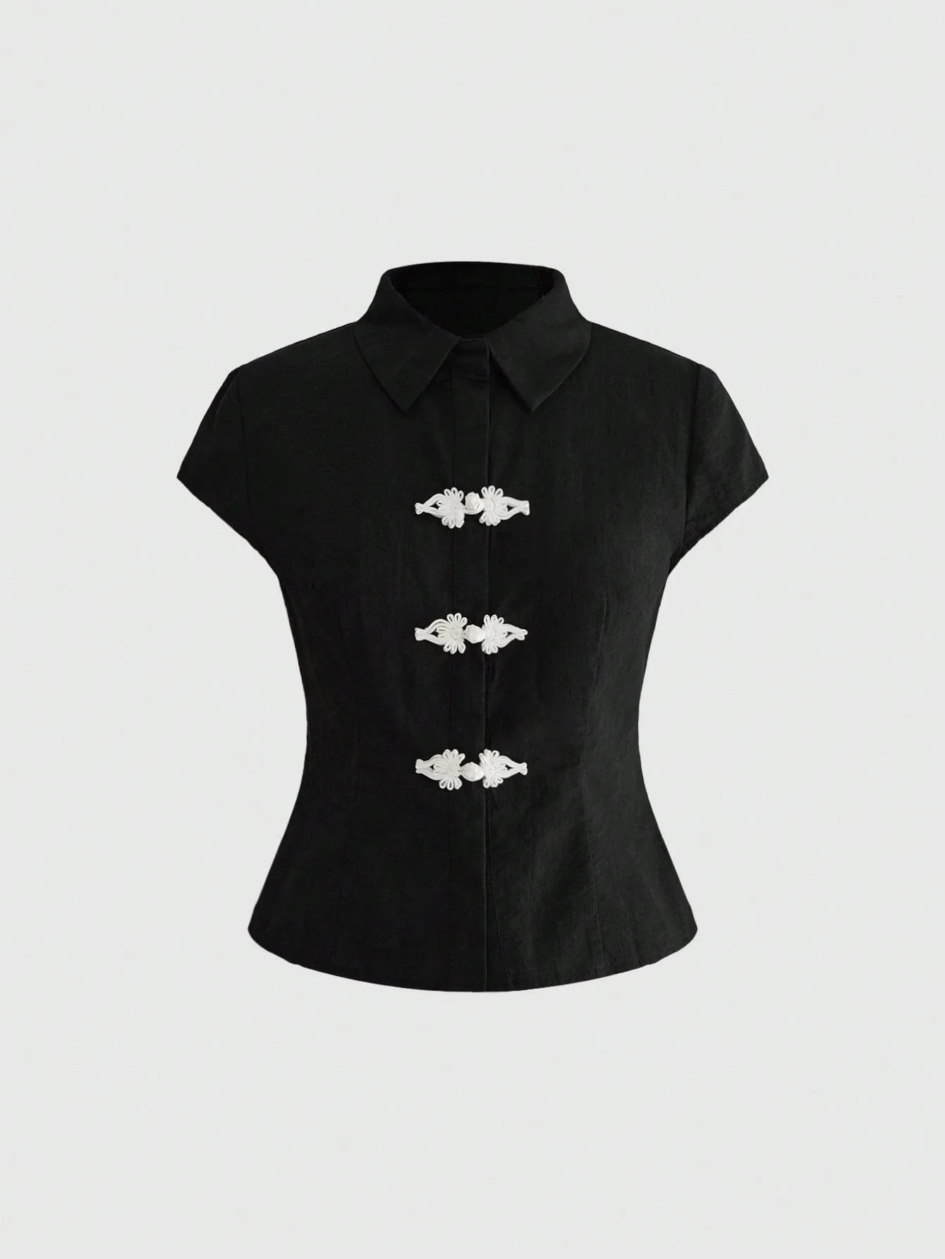 Women New Chinese Style Short Sleeve Blouse Point Collar Frog Buttons Slim‑Fit Cropped Shirt Vintage Fitted Top