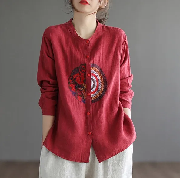 

Vintage Embroidery Round Collar Long Sleeve Button Down Cotton Shirt Fleece Outfits for Women