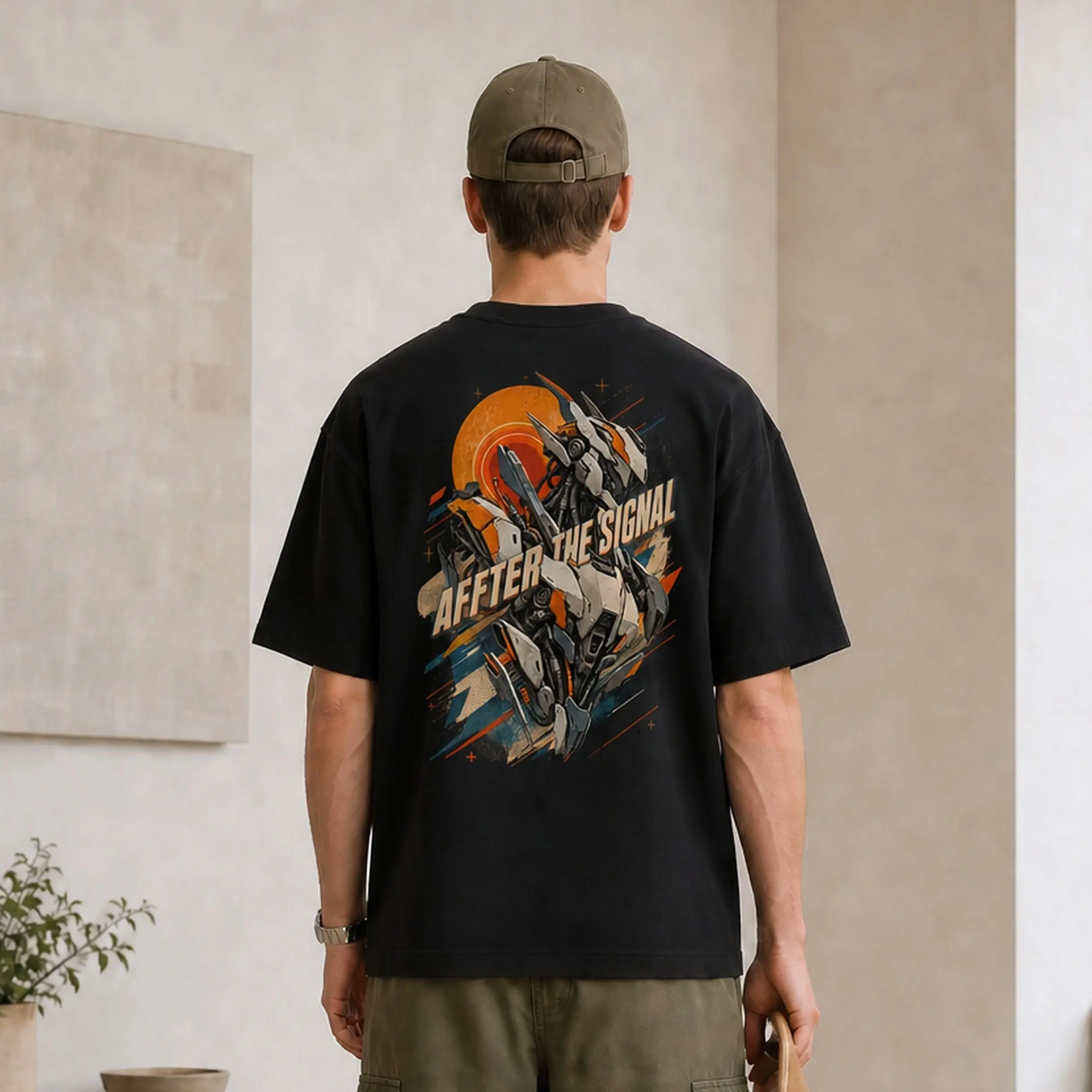 Men Retro Mecha Graphic Print O-Neck T-shirt Loose Oversized Short Sleeve Top Heavyweight Vintage Streetwear Casual Clothing