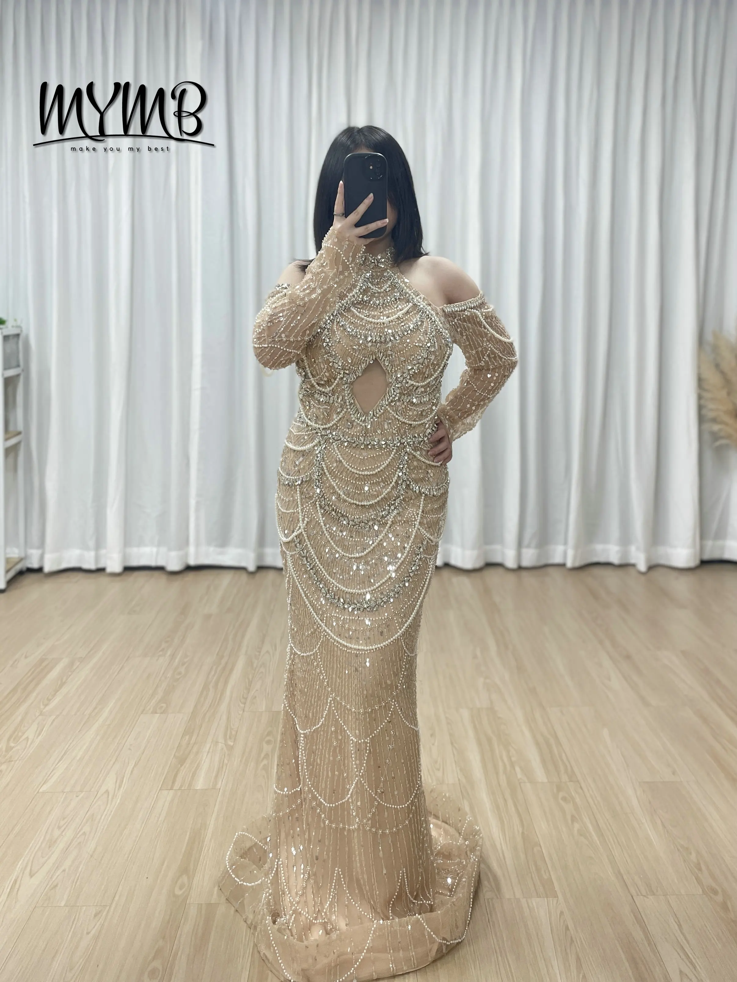 MYMB Champagne Mermaid Dresses Luxury Pearls Sheath Arabic Party Dress Elegant Formal Long Sleeve Evening Gowns for Lady MY30218