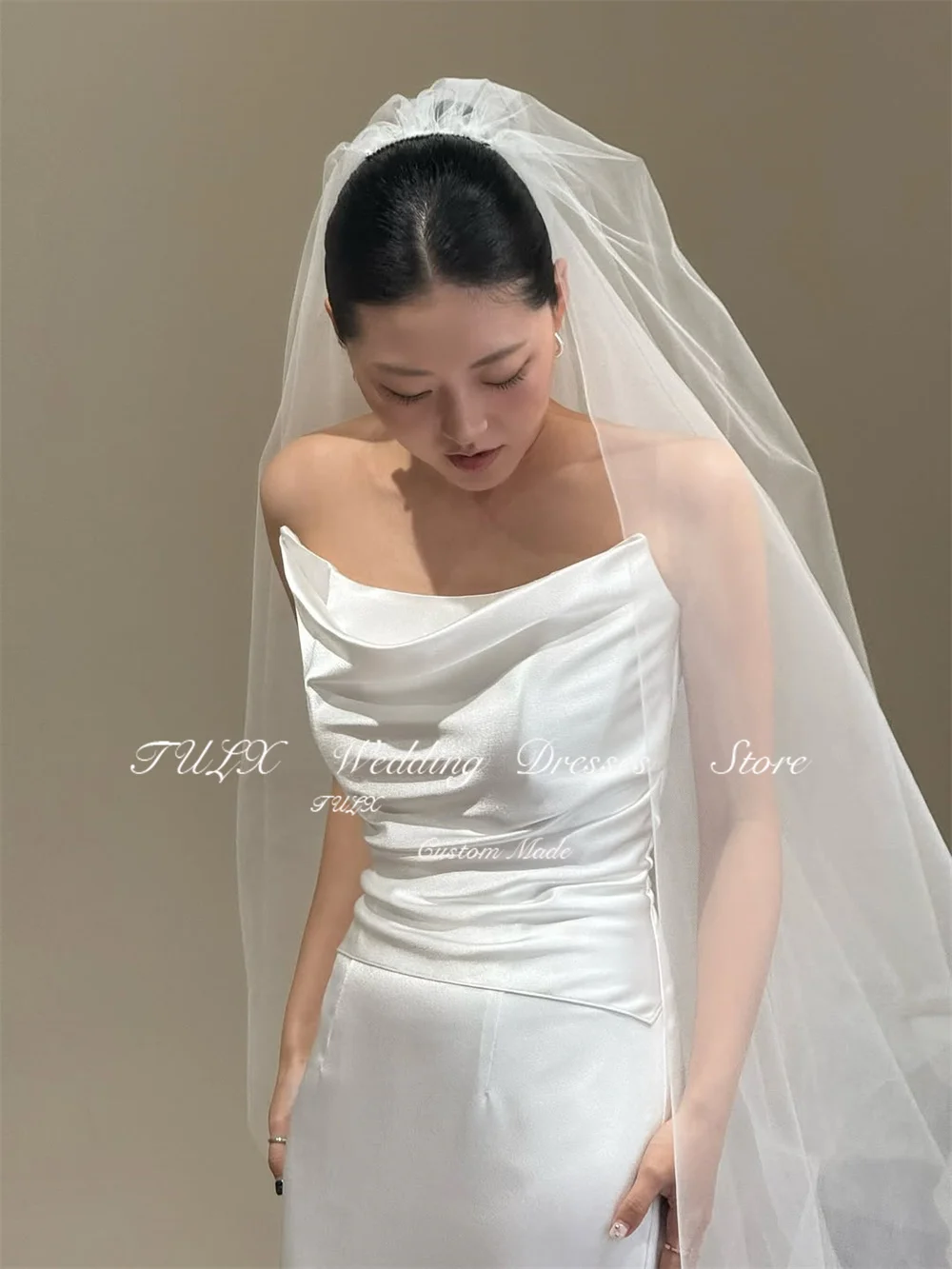TULX elfenbeinfarbenes koreanisches Hochzeitskleid für Fotoshootings, O-Ausschnitt, Satin-Brautkleider, elegantes Meerjungfrau-langes Korsett, Omar Nadelautomaten 2025
