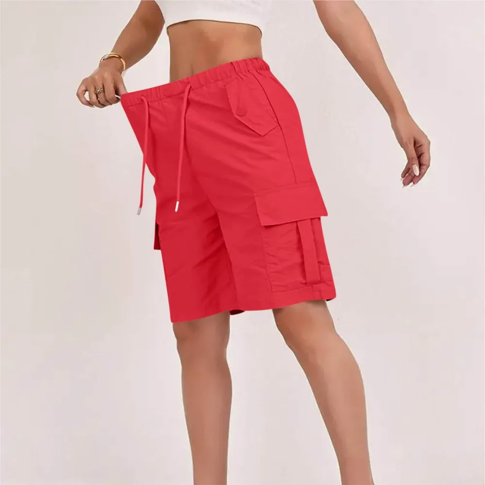 Women High Waist Cargo Shorts Drawstring Loose Multi Pockets Knee Length Shorts Casual Outdoor Solid Color Straight Work Shorts