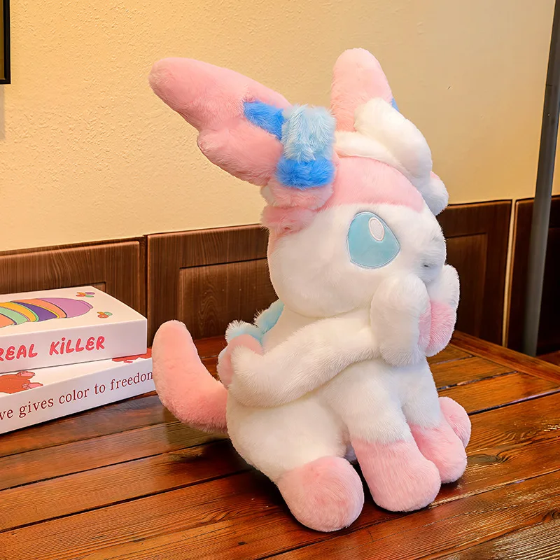 Soft Fluffy Sylveon Plush Toy Anime Eevee Evolution Stuffed Doll Cuddly Pillow Japanese Kawaii Plushies Birthday Gift Home Decor