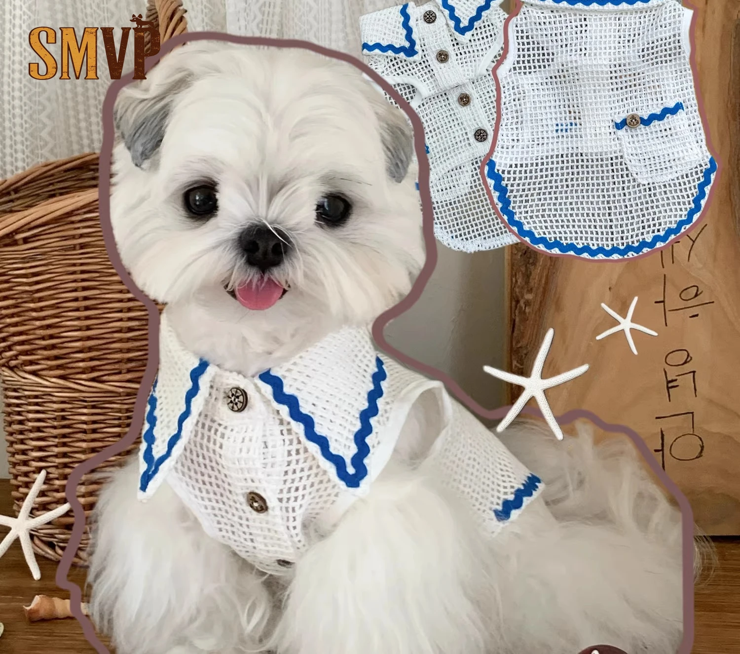 

Summer Naval style Open Grid Pattern Pet Vest Fresh and Cute Seaside Vacation Wind Small Dogs Can Wear Breathable and Cool