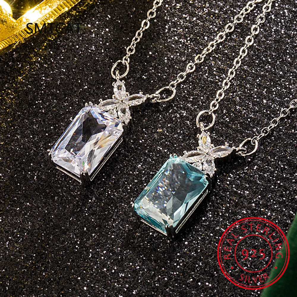 Emerald Cut Sky Blue Topaz Created Sapphire 925 Sterling Silver Butterfly Pendant Necklace for Women Statement Gemstone Choker