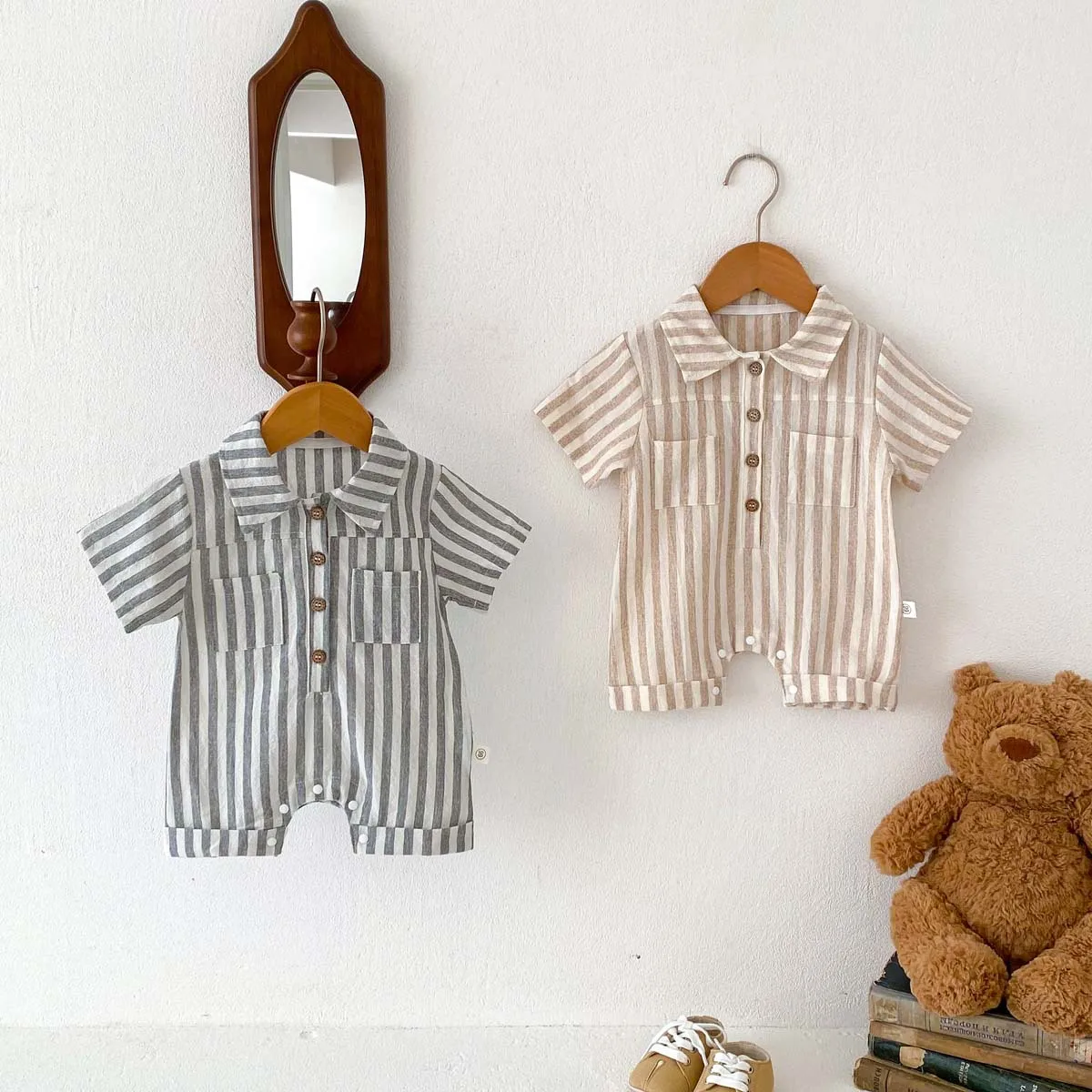 Baby Boys Rompers Striped Jumpsuits Turn Down Collar Toddler Boys Summer Clothing