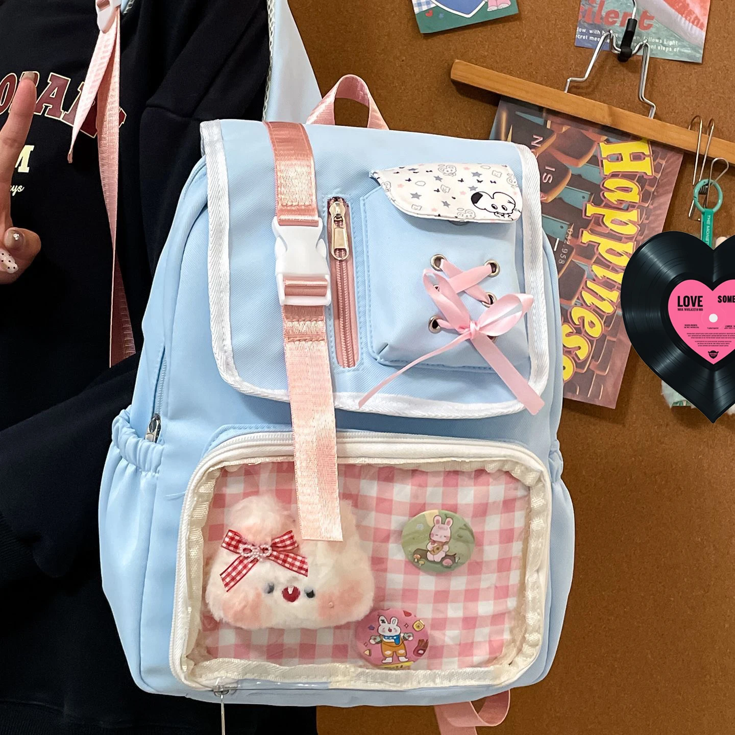

Richme Dopamine Ita Bag Female 2025 Harajuku Students Multi Pockets Mochilas Para Mujer DIY Anime Badge Cross Ribbon Backpack