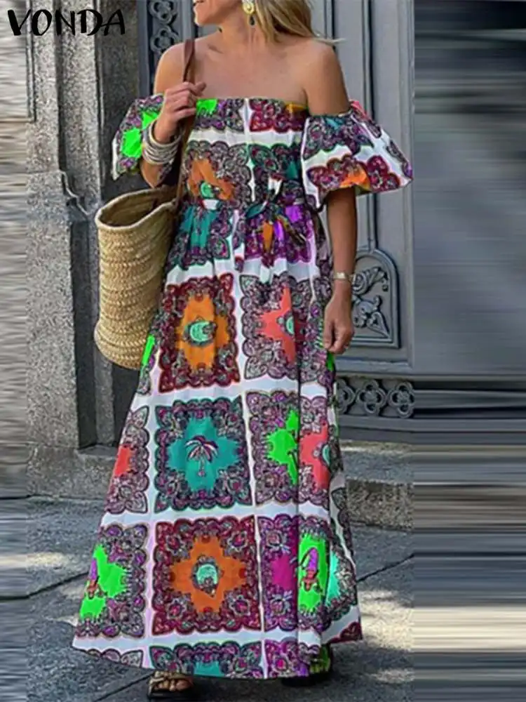 

VONDA Summer Printed Dress Women Sexy Off Shoulder Maxi Dress Bohemian Beach Sundress 2024 Elegant Short Sleeve Belted Vestidos