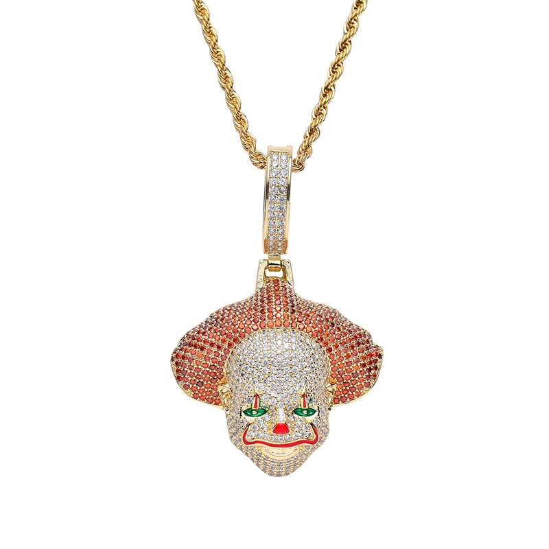 Hip Hop AAA CZ Zircon Stone Paved Bling Iced Out Clown Droll Pendants Necklace for Men Rapper Jewelry Gold Color