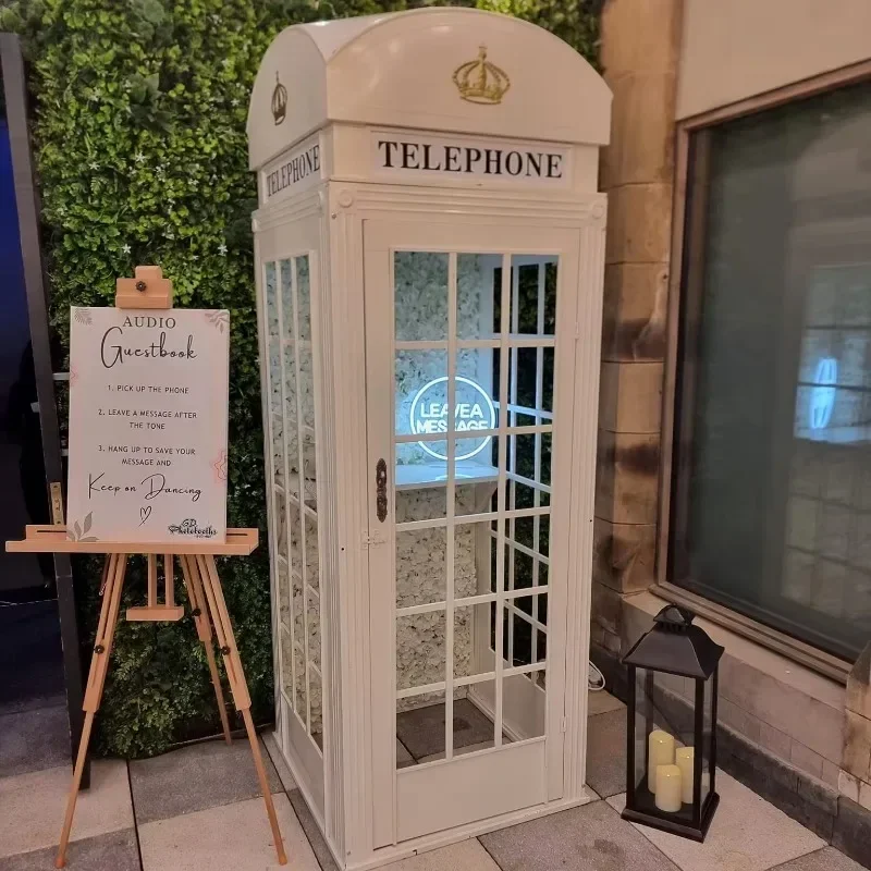 London Telephone Booth with Phone Wedding Audio Guestbook for Events Flowers Wedding White Telephone Booth