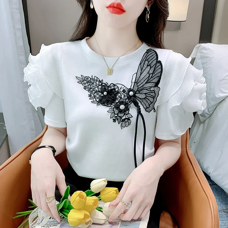 

Ruffled White T-shirt Women's Short-Sleeved Floral Tshirt 2024 Summer New High-End Heavy Embroidery Flower Chic Top Tees ZL779