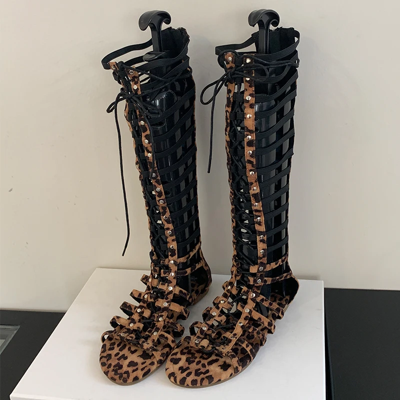 Western Roman Boots For Womens Modern Cross-Tied Solid Ladies Long Boots 2024 Zipper Footwear Knee-High Leopard Female Shoes