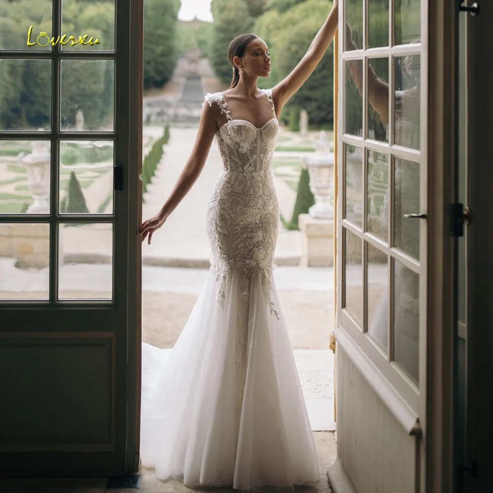 

Loverxu Mermaid Sexy Wedding Dresses Sweetheart Sleeveless Vestido De Novia Lace Appliques 3D Flowers Custom Made Bridal Gown