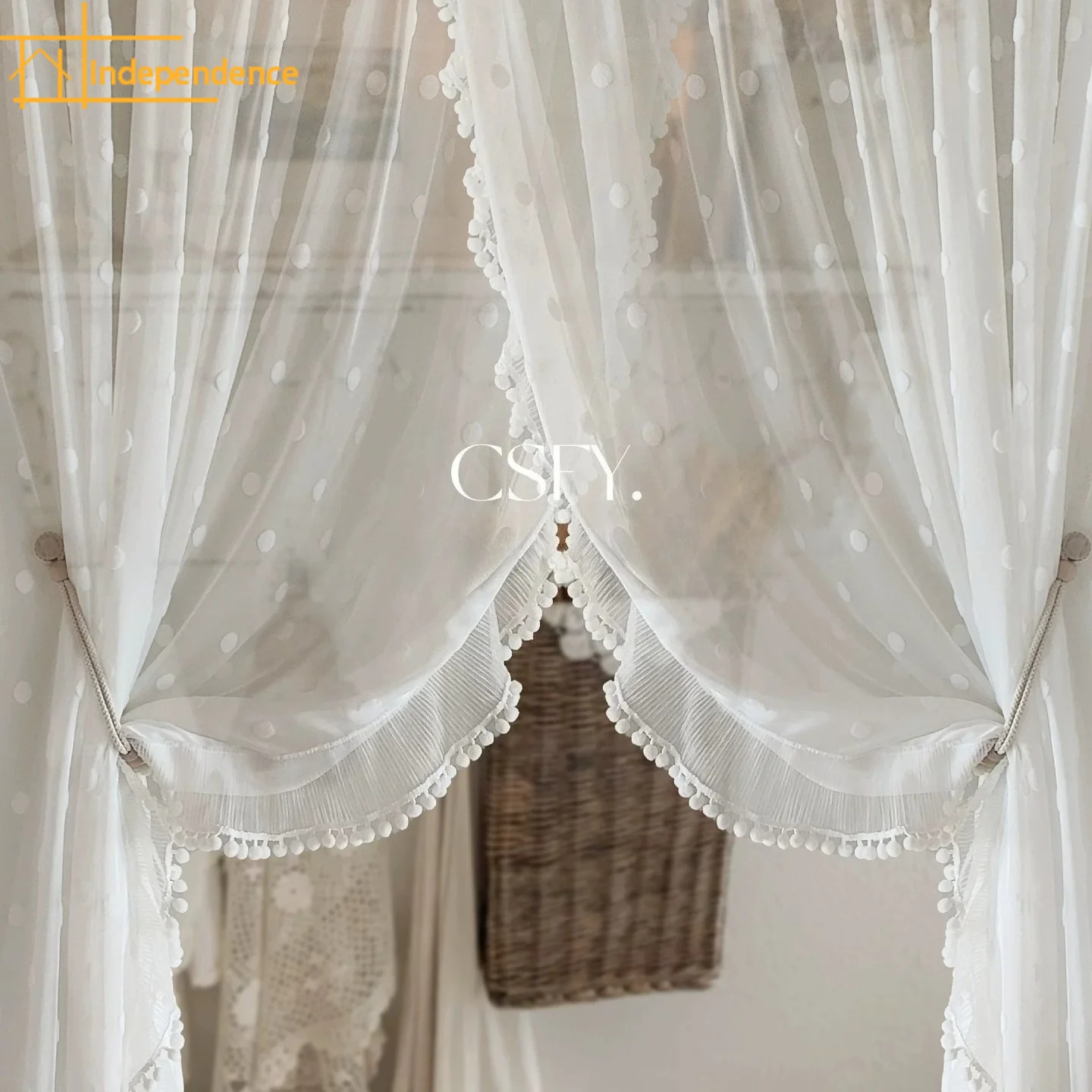 White Flocking Polka Dot Gauze Wood Ear Edge Splicing Window Screens for Living Room Bedroom Balcony Bay Window Customization