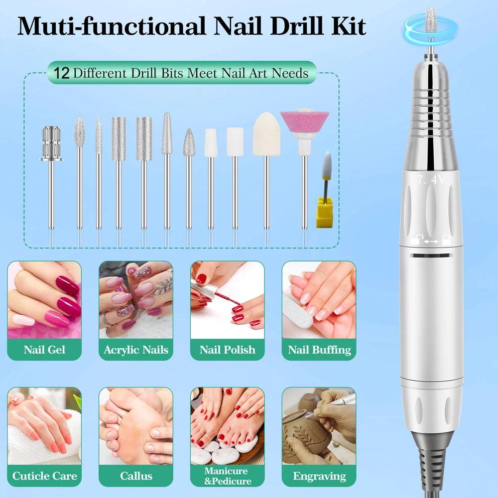 Nail Drill Machine 45000RPM Rechargeable Electric Nail Master HD LCD Display Manicure Machine For Nails Gel Polish Low Noise