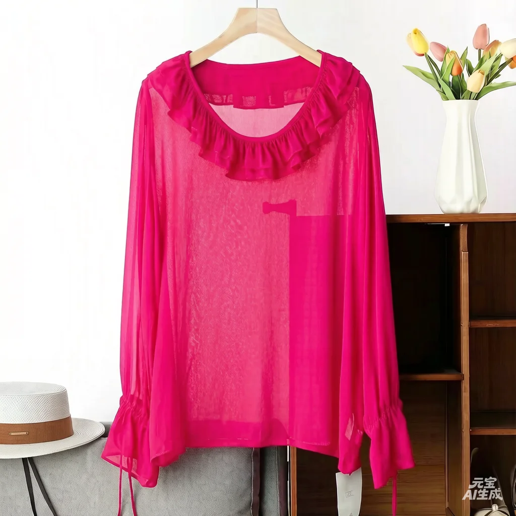Korean Fashion plus Size Women's Blouse Long Sleeve Chiffon Top with Ruffle Collar Sexy Elegant Thin See-through 5XL 6XL view 6