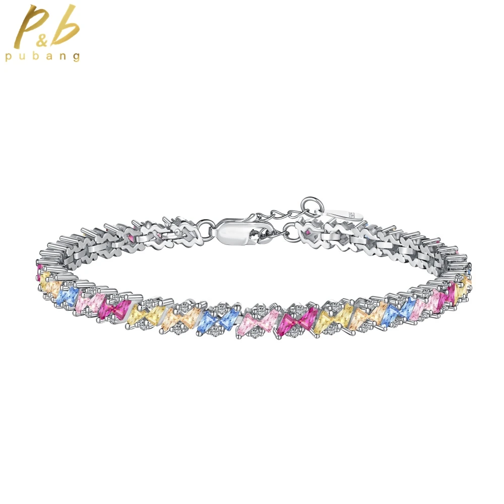 

PuBang Fine Jewelry Cocktail Bracelet Real 925 Sterling Silver Colorful Gemstone Created Moissanite for Women Gift Drop Shipping