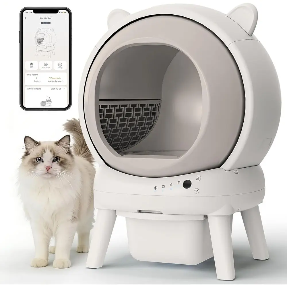 

Ivory White Smart Cat Litter Box: Automatic Cleaning, Dual Safety, Odor Control, Quiet Operation, Cat-Eared Design
