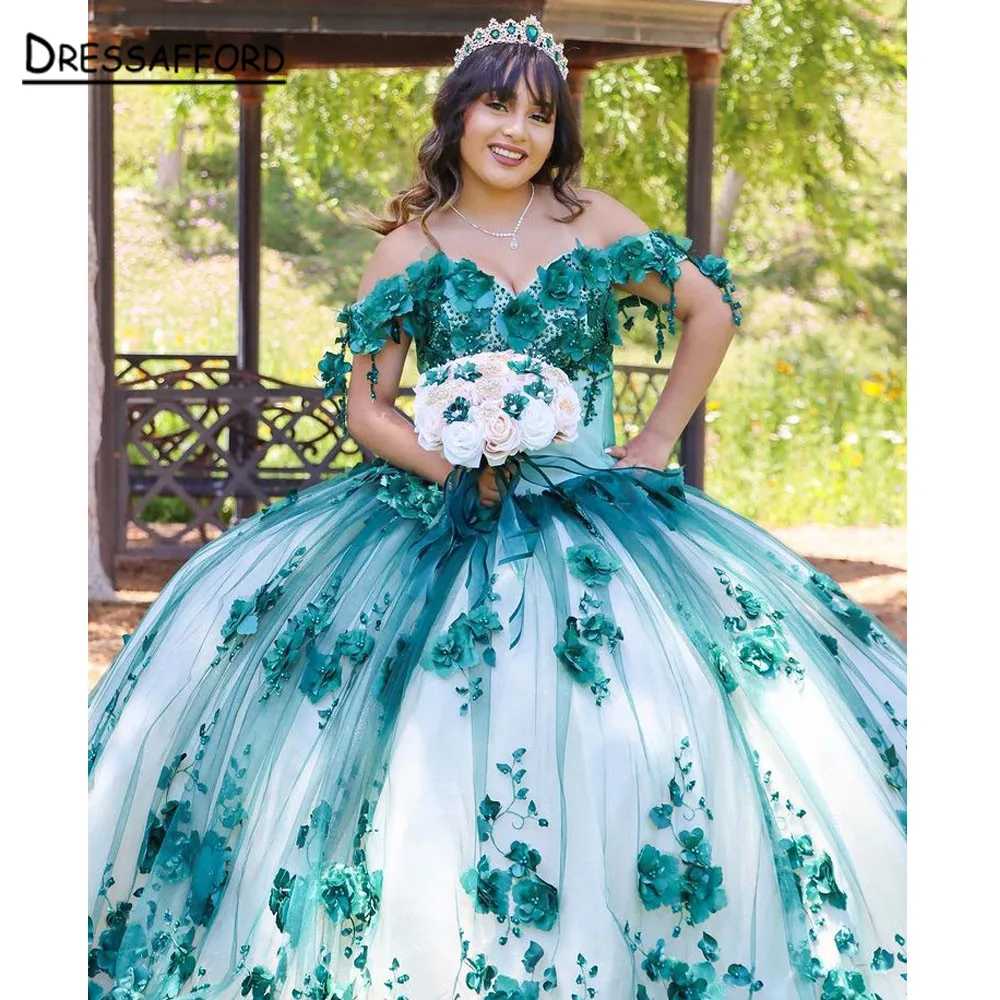 

Green Quinceanera Prom Dresses Glitter 3D Flower Sweet Birthday Party Vestidos De 15 Anos Off the Shoulder Princess Pageant Gown