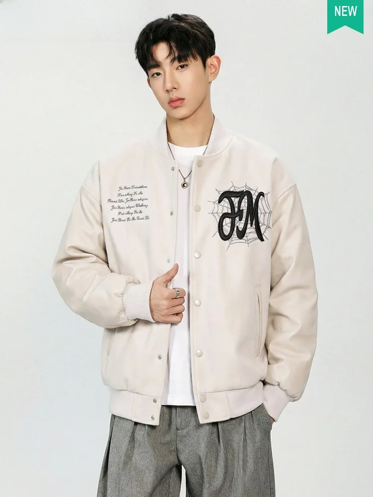 

Retro American Embroidered Thiened Woolen Baseball Sle Men's Cotton Jaet Autumn Winter Casual Loose Fit Outerwear