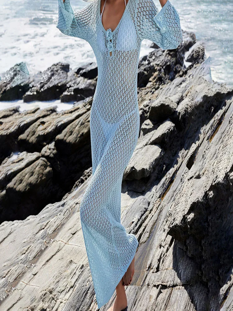 2024 Neuheiten Strandrock Damen U-Ausschnitt einfarbig gestrickt geprägter Pullover Bikini Badeanzug, Kittel, Sonnenschutzkleidung