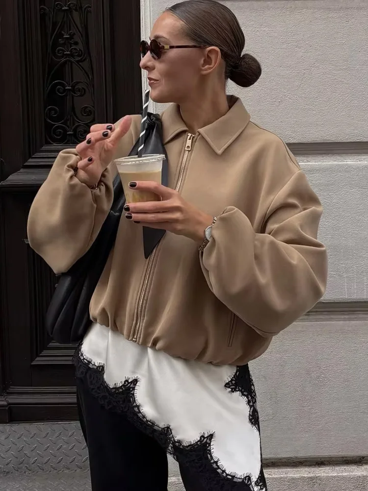 

HH Autumn Woman Fashion Casual Slim Street Style Solid Coats Women Short Jacket Long Sleeves Lapel Pocket Zipper Coats
