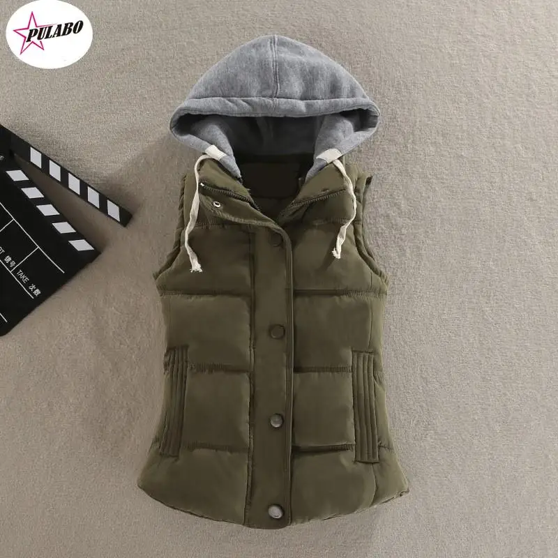 PULABO 6XL Women Vest Winter Coat Ladies Gilet Colete Feminino Casual Pocket Hooded Waistcoat Female Sleeveless Jacket