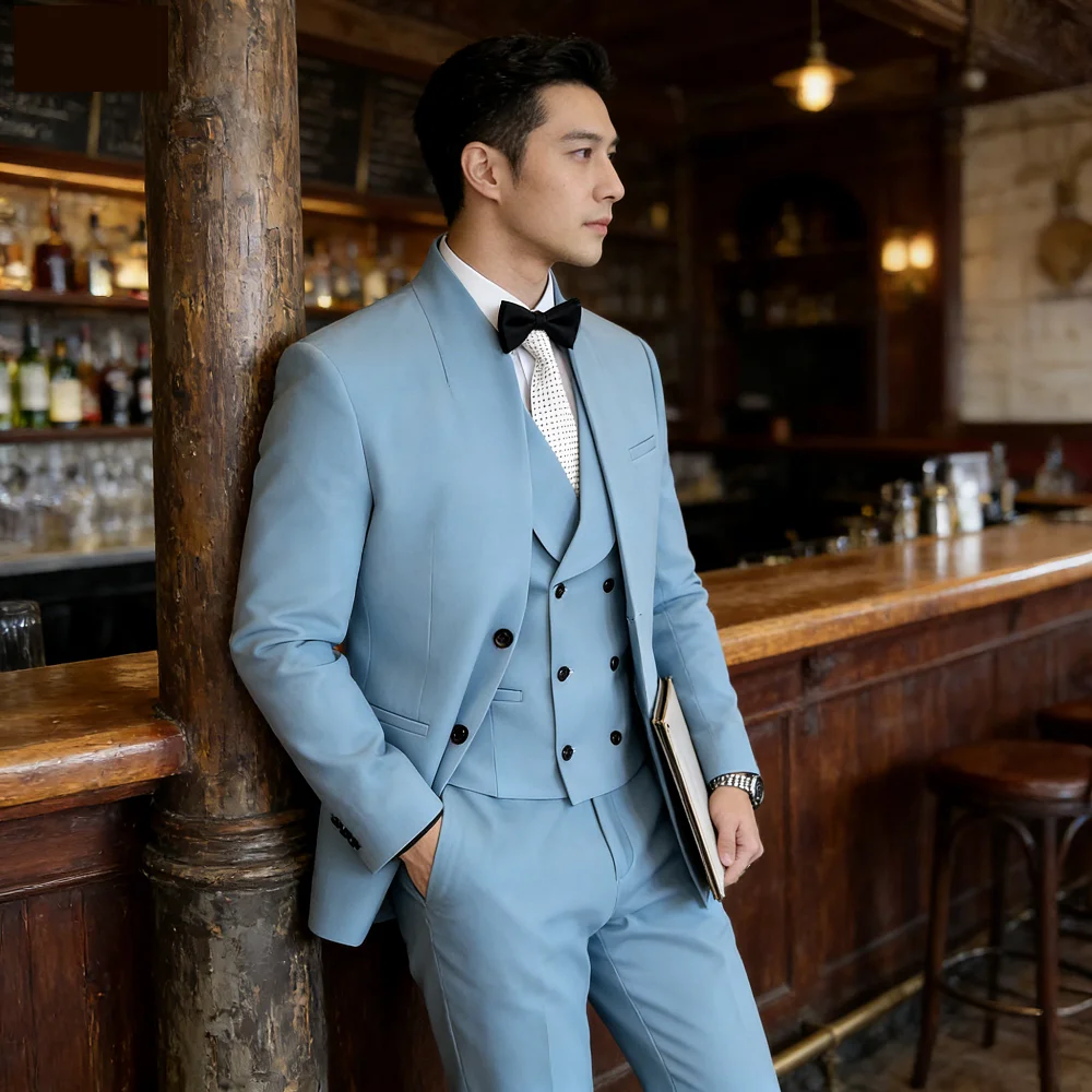 

Men's Woolen Suit Chinatown Style No-Collar Business Slim Fit 3-Piece Set Formal Wedding Terno Masculino
