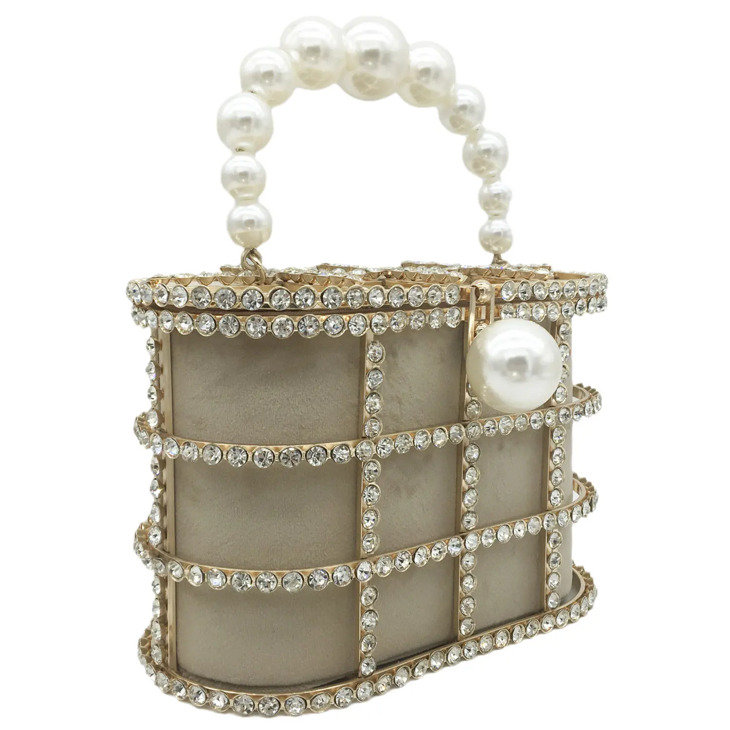 Boutique De FGG Pearl Top-Handle Women Evening Totes Bag Crystal Shoulder Bucket Handbags Weddingi Party Dinner Rhinestone Bag