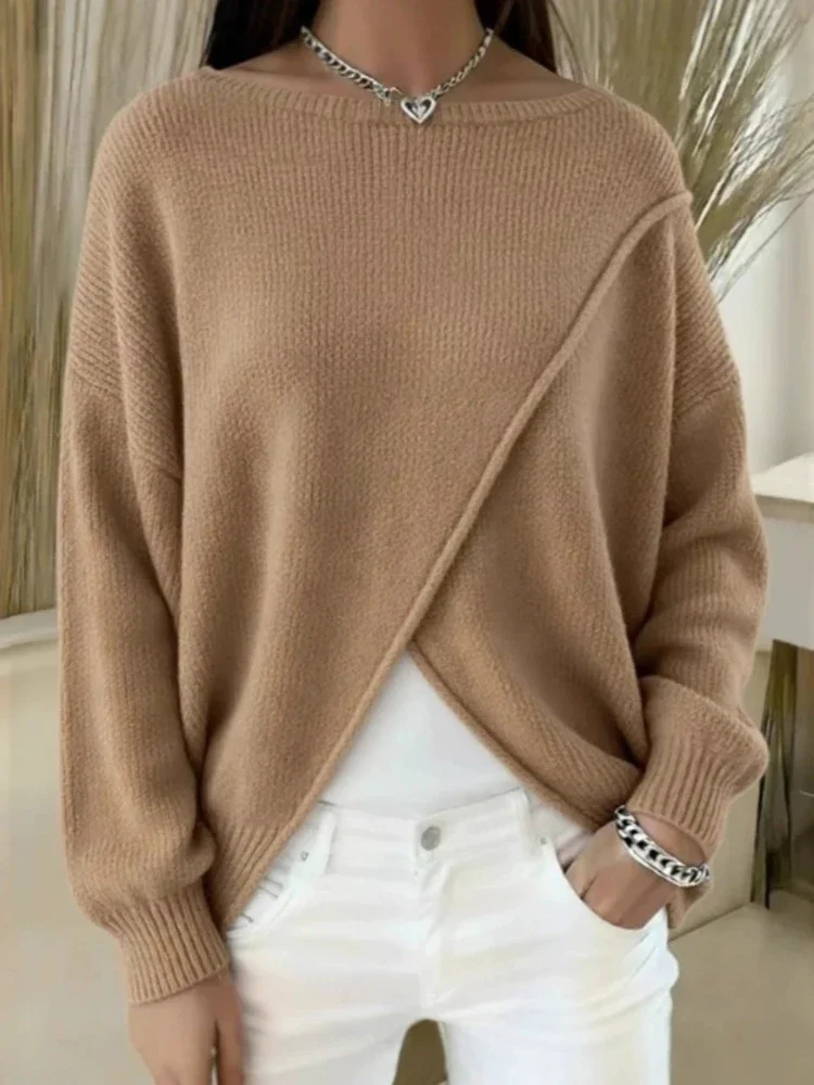 New autumn and winter knitted women's round neck slimming sweater solid color casual fashion versatile top