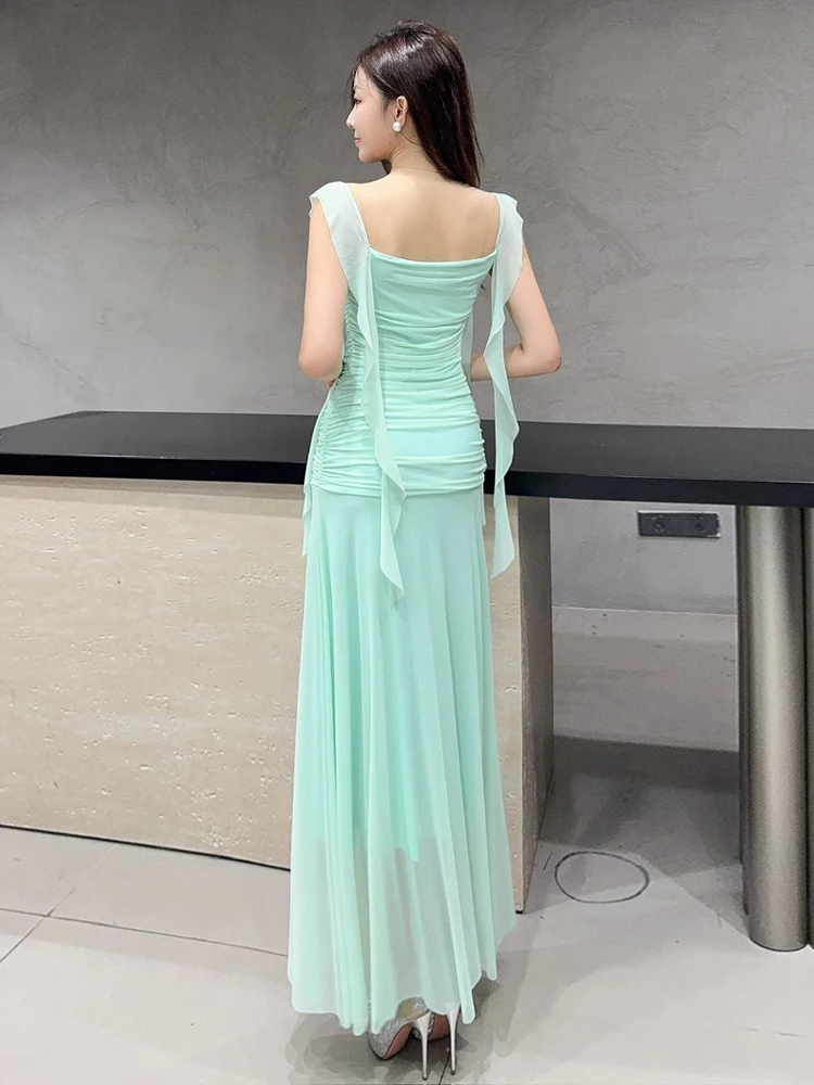 Elegancka damska zielona sukienka typu halter z siateczki, odkryte ramiona, zdobiona wstążkami, czarna suknia wieczorowa bez rękawów, na imprezę, studniówkę, vestidos, robe.