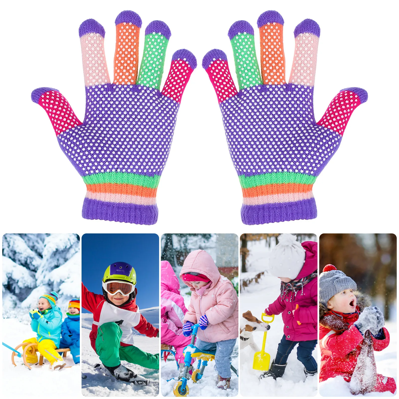 

12Pairs Ski Anti-Slip Gloves Kids Winter Warm Stretchy Colorful Full Finger Gripper Gloves Outdoor Play Snow Cold Weather