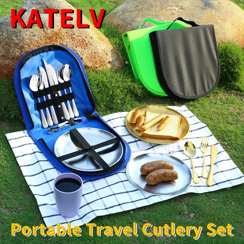 Portable Tableware Set Stainless Steel Travel Cutlery Set Steak Knife Fork Spoon Plate Camping Flatware Set With Picnic Cloth