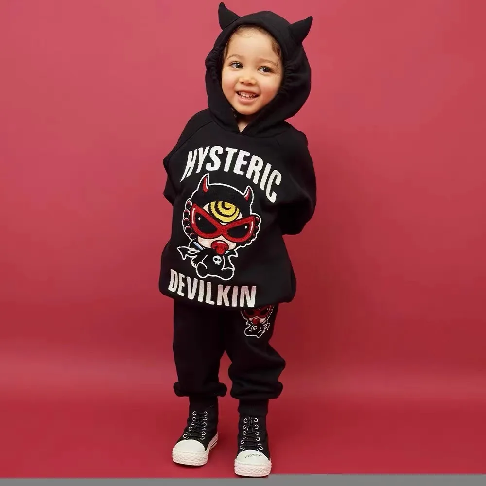 2024 Autumn and Winter Trendy Brand Children\'s Clothing Black Super Devil Pattern Children\'s Fleece Sweatshirt Set