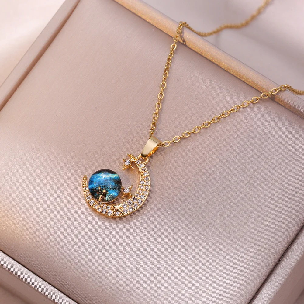 Stainless Steel Trendy Dream Blue Starry Sky Crystal Pendant Necklace for Women Charm Moon Star Planet Collar Jewelry Colorfast