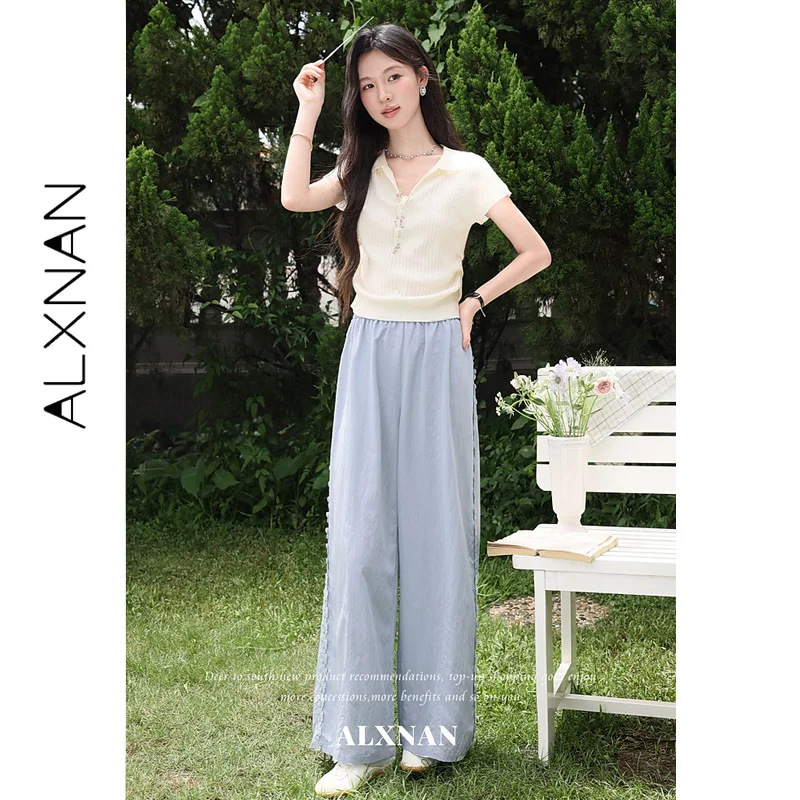 ALXNAN Summer Women's Blue Long Pants Elastic Waist 3D Florals On Both Sides Wide Leg Pants Loose-fit Casual Clothing L67307